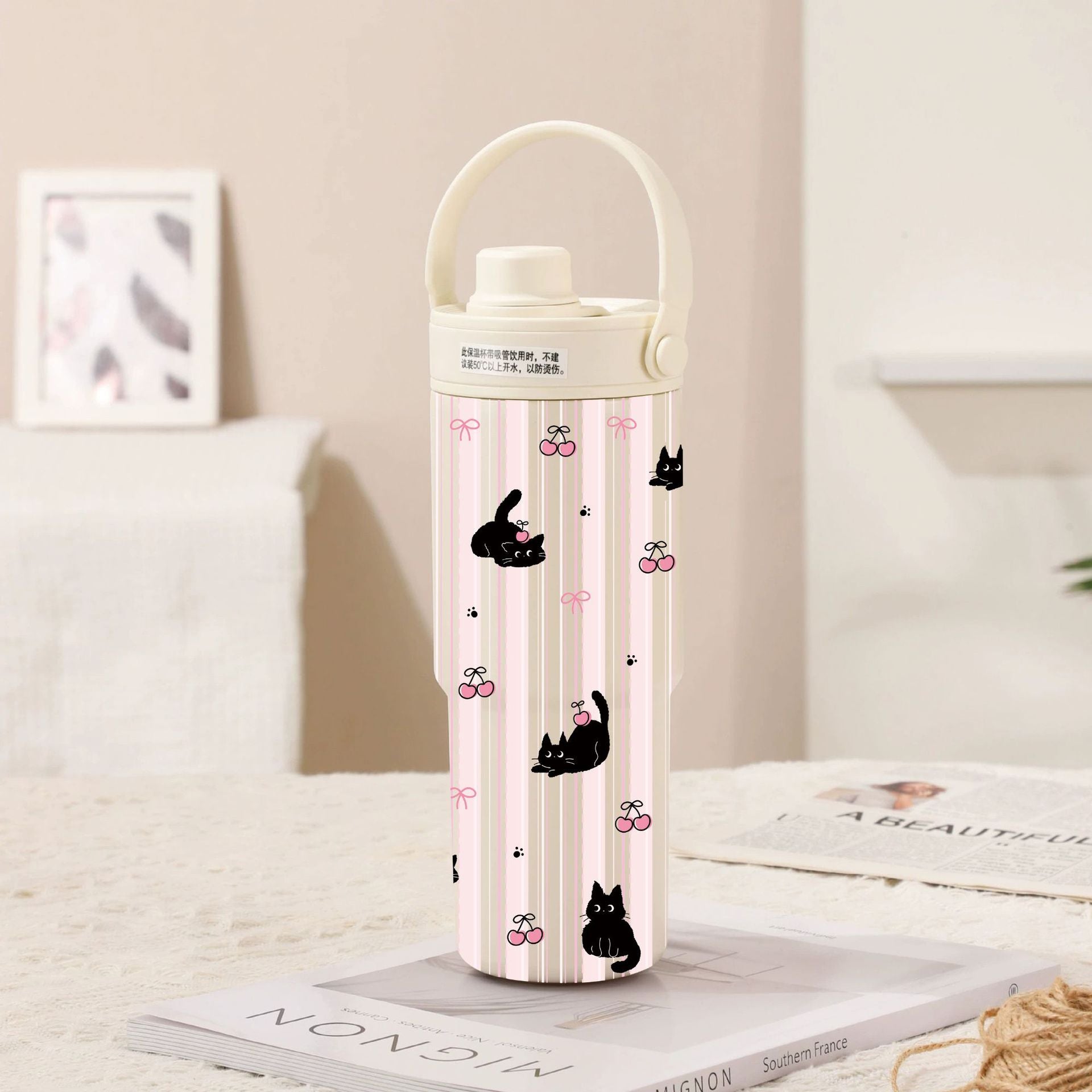 White-Line Black Cat 30oz Ceramic-Lined Insulated Tumbler with Handle, 735ml Stainless Steel Travel Mug V888-ELOSUNG28810