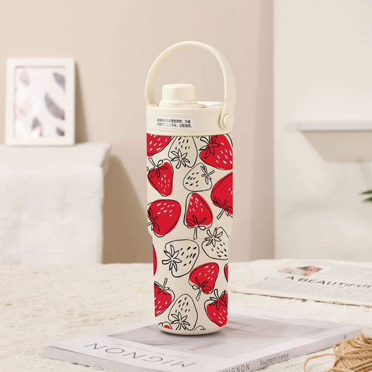 White-Line Red Strawberry 30oz Ceramic-Lined Insulated Tumbler with Handle, 735ml Stainless Steel Travel Mug V888-ELOSUNG28812