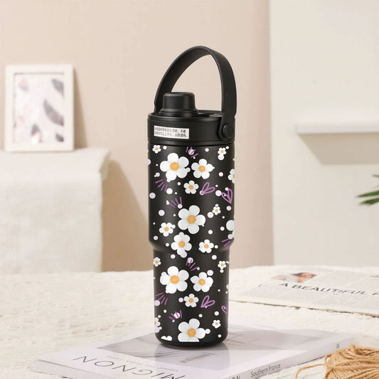 Twilight Black-White Flowers 30oz Ceramic-Lined Insulated Tumbler with Handle, 735ml Stainless Steel Travel V888-ELOSUNG28876