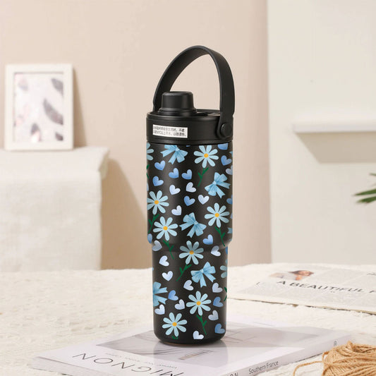 Twilight Black-Bow Tie Blue Flower 30oz Ceramic-Lined Insulated Tumbler with Handle, 735ml Stainless Steel V888-ELOSUNG28877