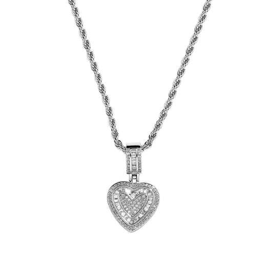 Iced Out Heart Pendant Necklace - 5A+ CZ Stones, 14K Gold Plated with Rope Chain(Silver) V888-ELOSUNG29001