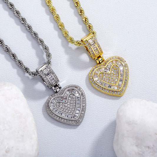 Iced Out Heart Pendant Necklace - 5A+ CZ Stones, 14K Gold Plated with Rope Chain(Silver) V888-ELOSUNG29001
