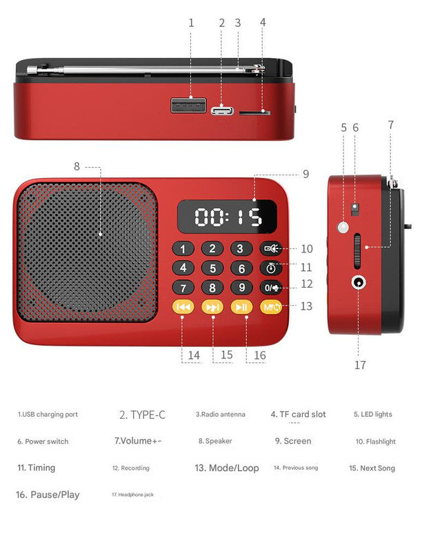 Portable Digital Music Player & FM Radio,4 Playback Modes, LED Flashlight(Gray) V888-ELOSUNG29011