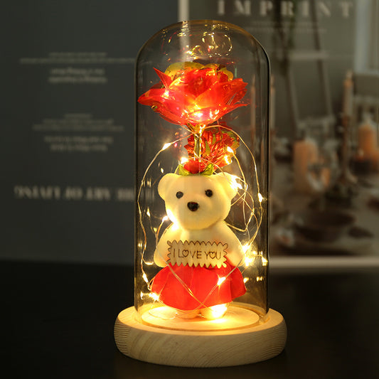 Enchanted Rose & Teddy Bear in Glass Dome with LED Lights - I Love You" Gift(Red)" V888-ELOSUNG29015