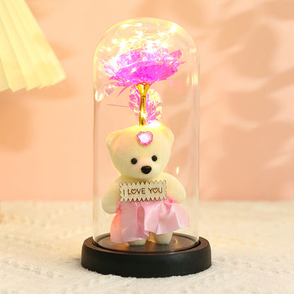 Enchanted Rose & Teddy Bear in Glass Dome with LED Lights - I Love You" Gift(blue)" V888-ELOSUNG29016