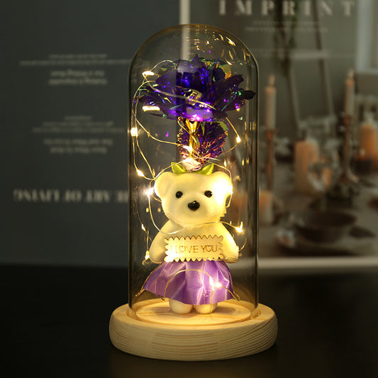 Enchanted Rose & Teddy Bear in Glass Dome with LED Lights - I Love You" Gift(purple)" V888-ELOSUNG29017