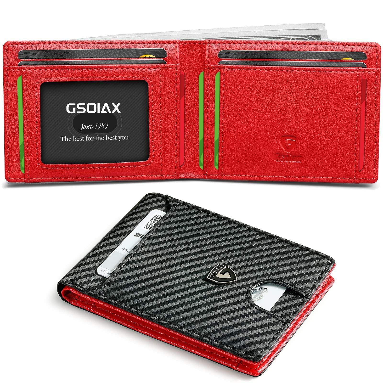 Men's Slim Leather Bifold Wallet - RFID Blocking, 11 Card Slots, ID Window(Twill black and red) V888-ELOSUNG29019