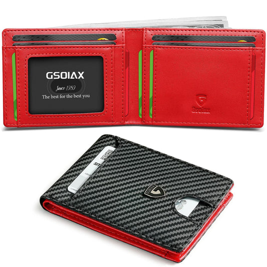 Men's Slim Leather Bifold Wallet - RFID Blocking, 11 Card Slots, ID Window(Twill black and red) V888-ELOSUNG29019
