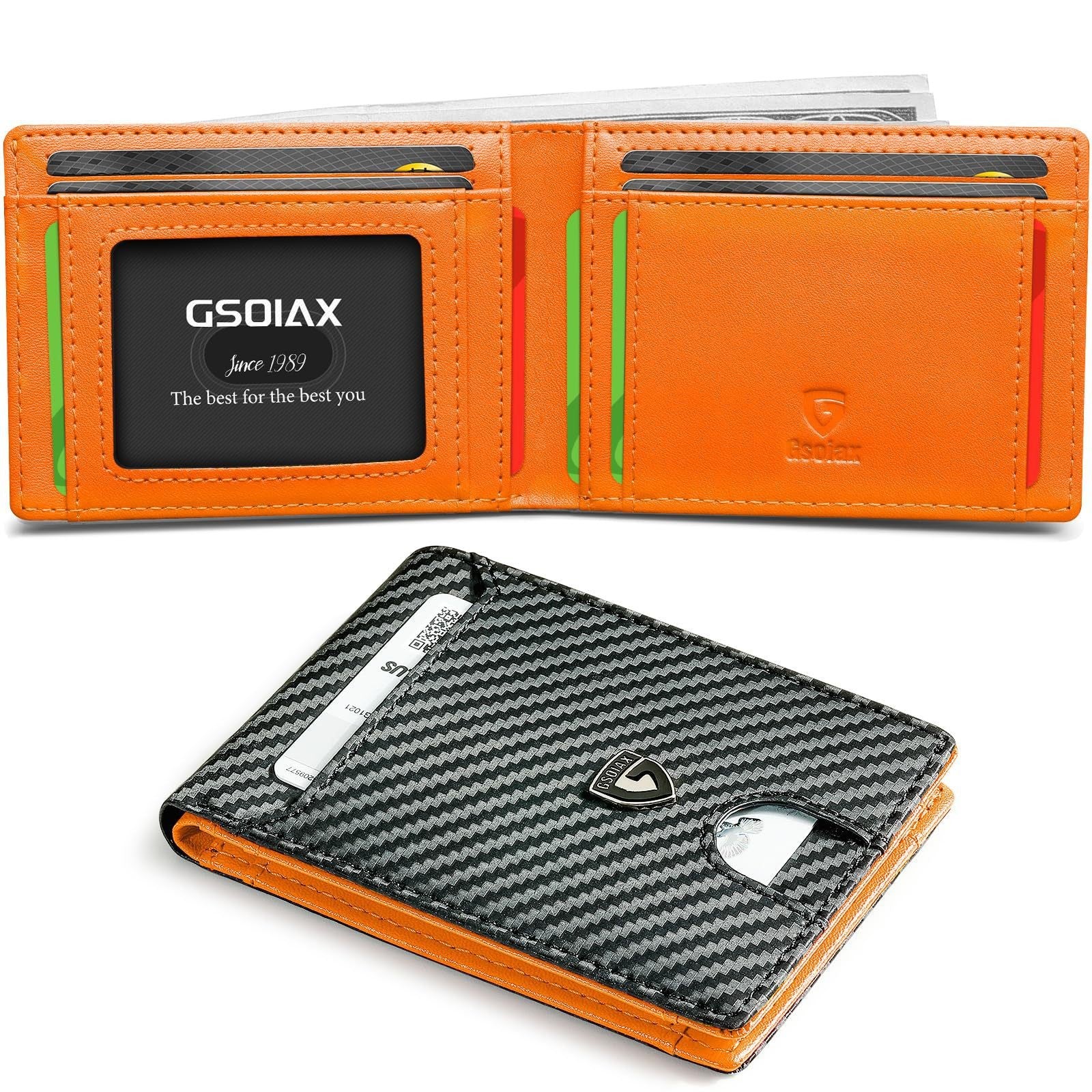Men's Slim Leather Bifold Wallet - RFID Blocking, 11 Card Slots, ID Window(Carbon Orange Twill) V888-ELOSUNG29020