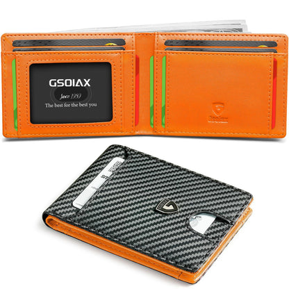 Men's Slim Leather Bifold Wallet - RFID Blocking, 11 Card Slots, ID Window(Carbon Orange Twill) V888-ELOSUNG29020