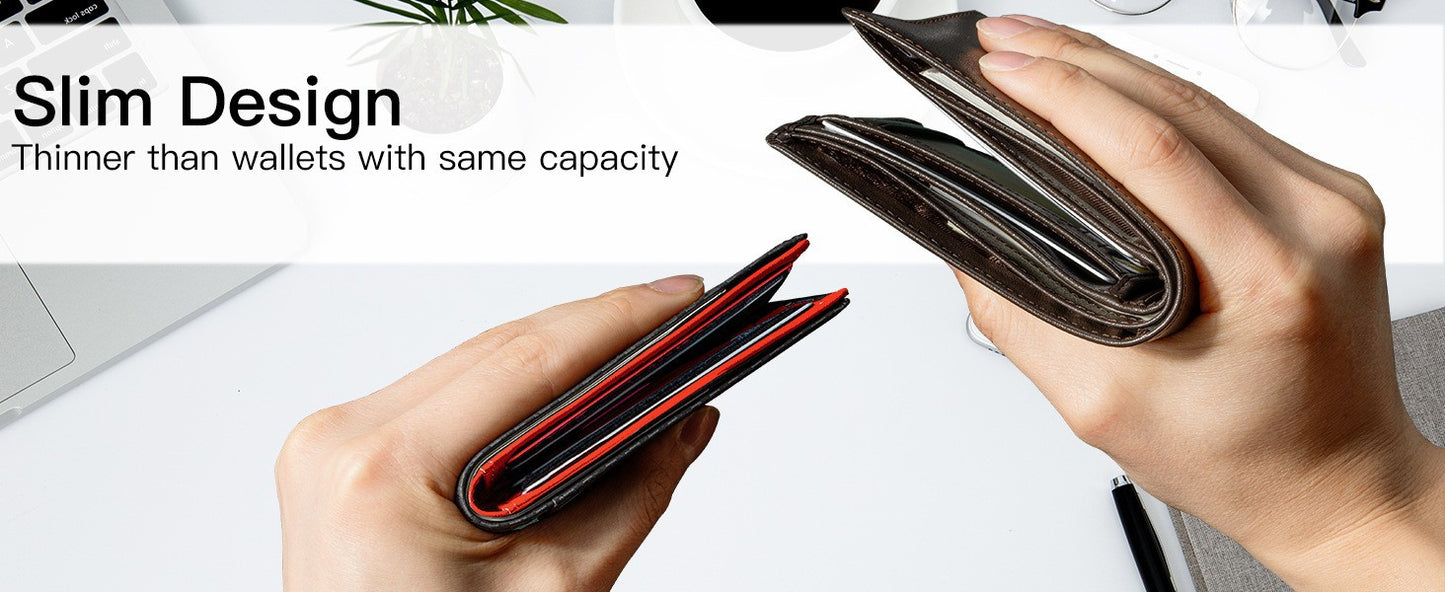 Men's Slim Leather Bifold Wallet - RFID Blocking, 11 Card Slots, ID Window(Carbon Orange Twill) V888-ELOSUNG29020