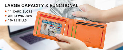 Men's Slim Leather Bifold Wallet - RFID Blocking, 11 Card Slots, ID Window(Carbon Orange Twill) V888-ELOSUNG29020