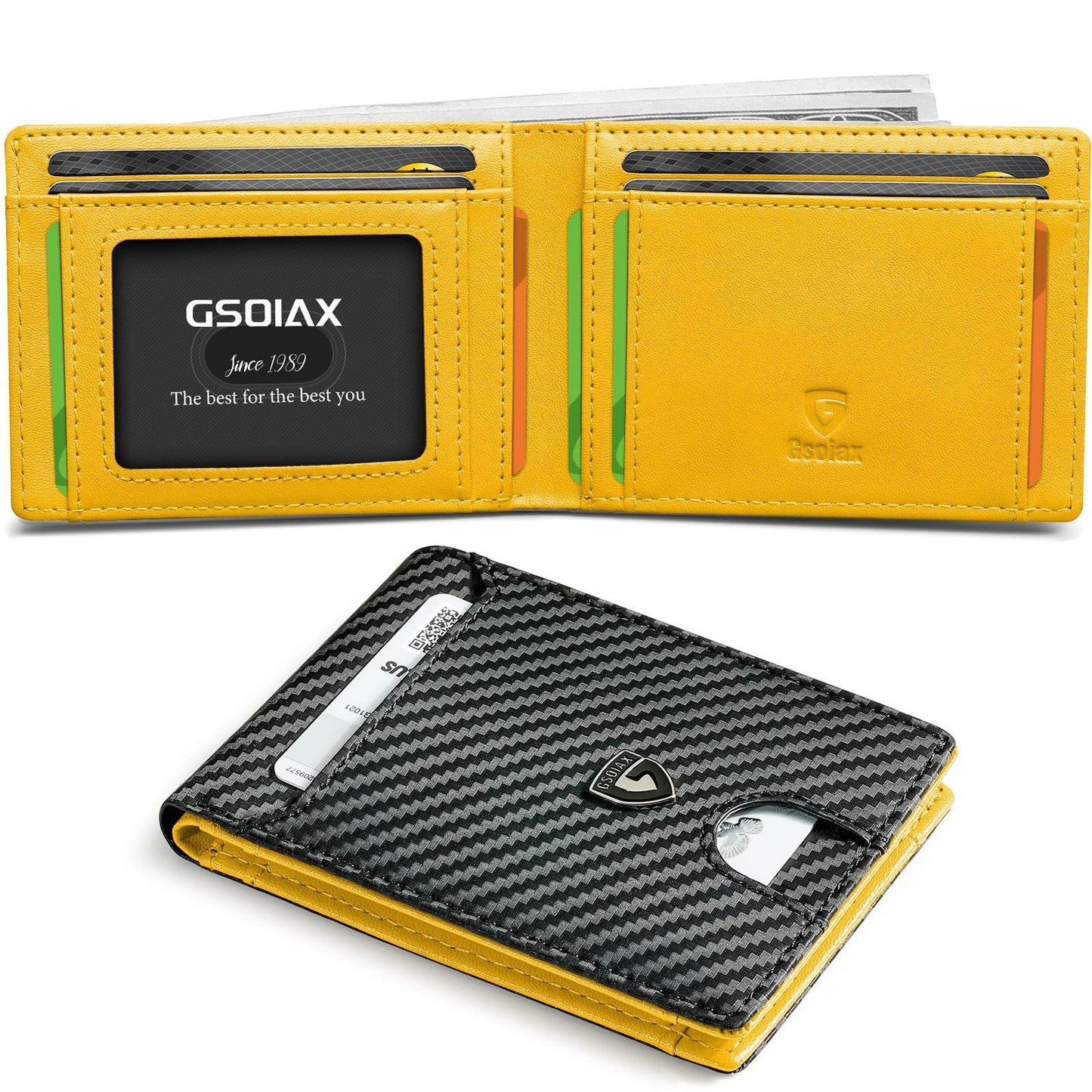 Men's Slim Leather Bifold Wallet - RFID Blocking, 11 Card Slots, ID Window(Carbon Yellow) V888-ELOSUNG29021
