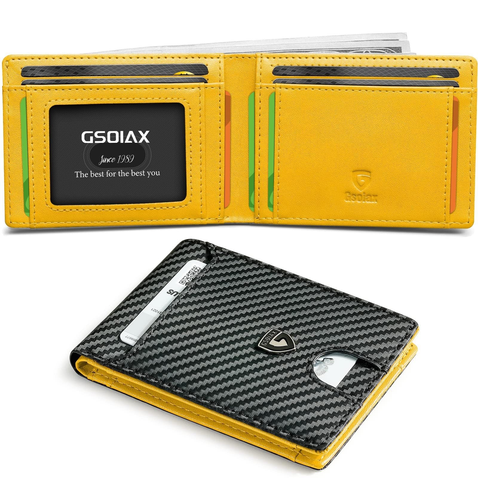 Men's Slim Leather Bifold Wallet - RFID Blocking, 11 Card Slots, ID Window(Carbon Yellow) V888-ELOSUNG29021