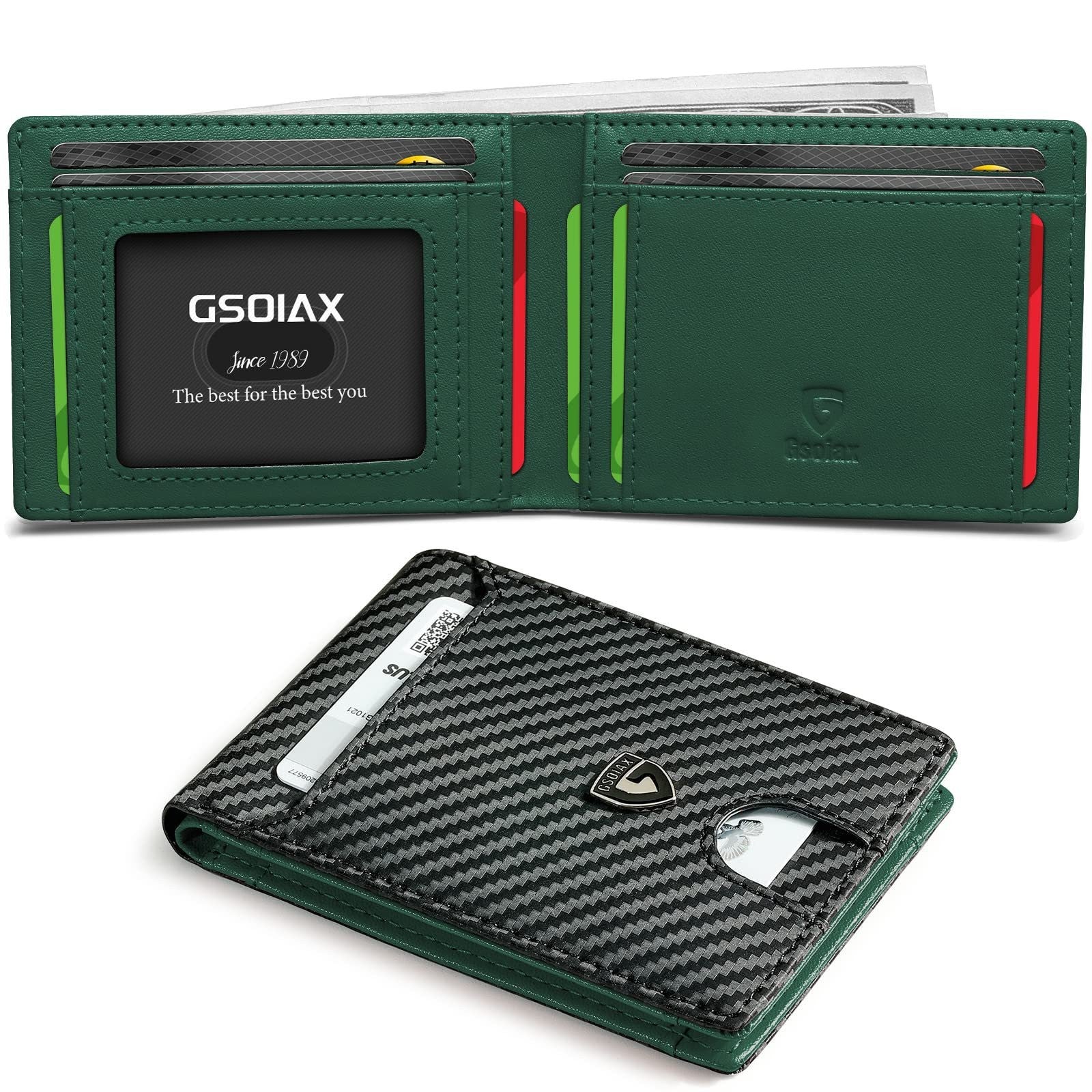 Men's Slim Leather Bifold Wallet - RFID Blocking, 11 Card Slots, ID Window(Carbon Green) V888-ELOSUNG29022
