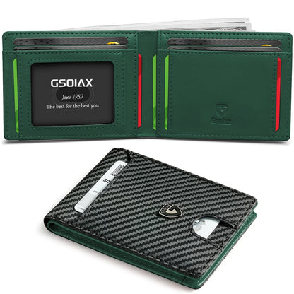 Men's Slim Leather Bifold Wallet - RFID Blocking, 11 Card Slots, ID Window(Carbon Green) V888-ELOSUNG29022