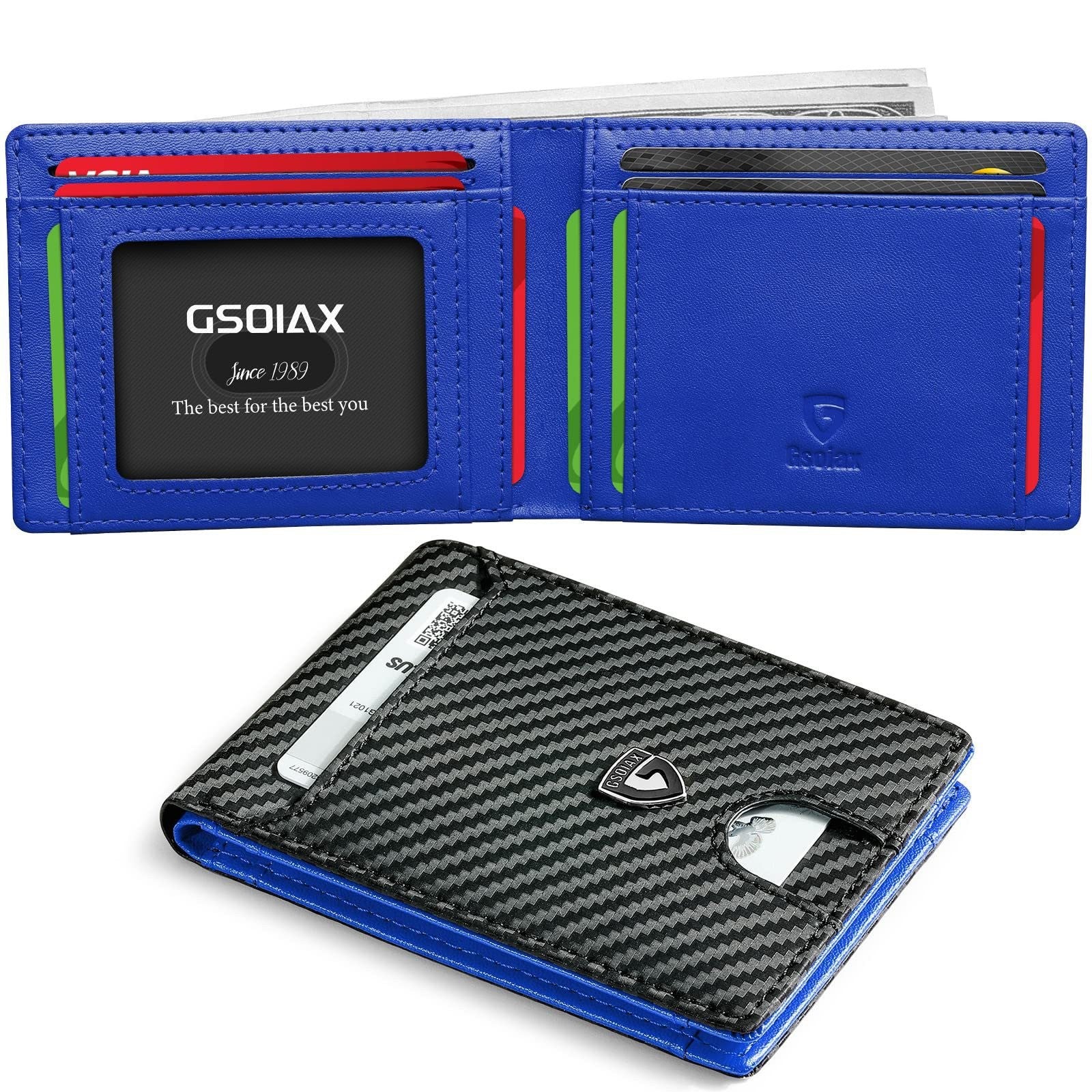 Men's Slim Leather Bifold Wallet - RFID Blocking, 11 Card Slots, ID Window(Carbon Blue) V888-ELOSUNG29023
