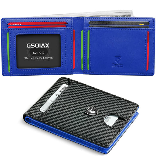 Men's Slim Leather Bifold Wallet - RFID Blocking, 11 Card Slots, ID Window(Carbon Blue) V888-ELOSUNG29023