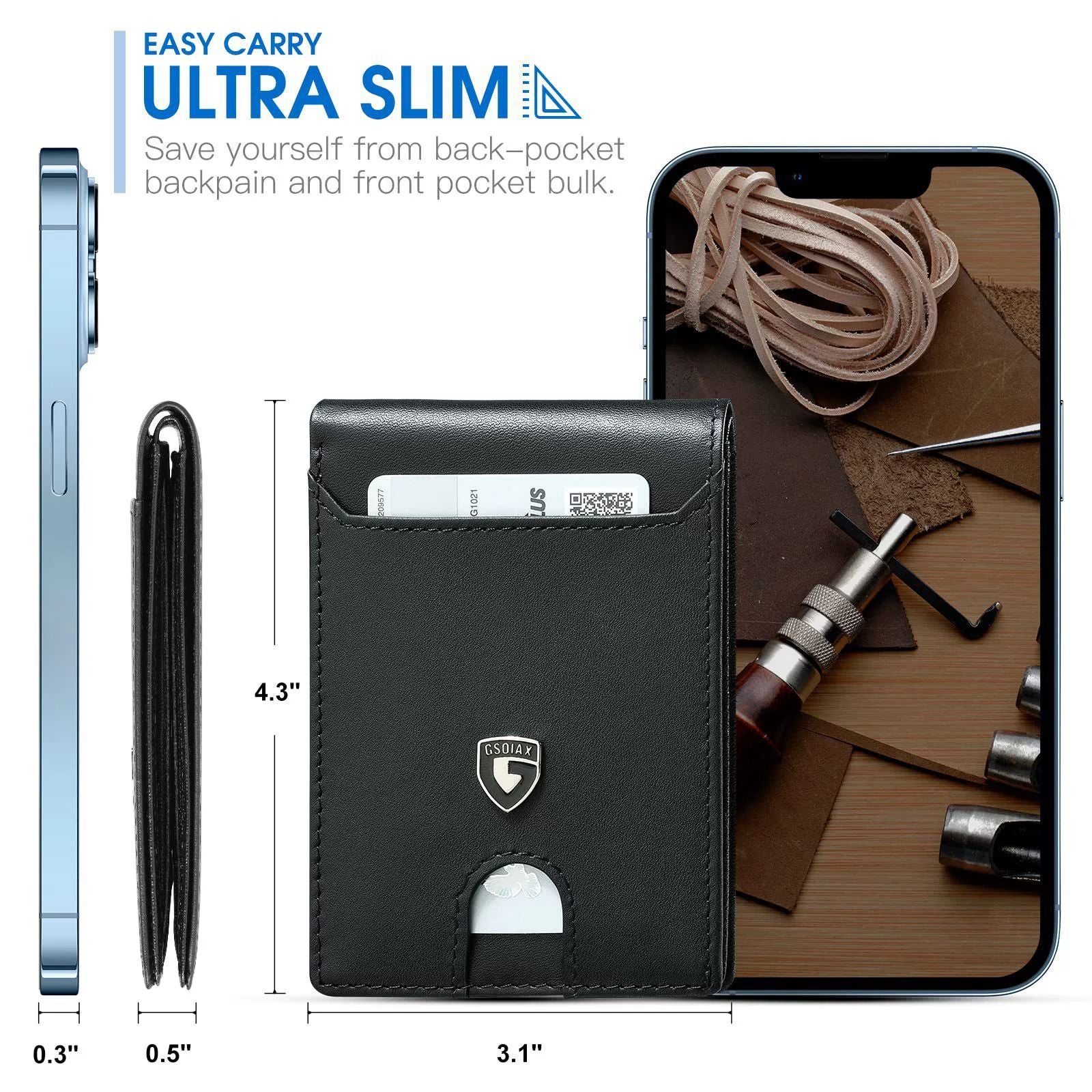 Men's Slim Leather Bifold Wallet - RFID Blocking, 11 Card Slots, ID Window(Carbon Blue) V888-ELOSUNG29023