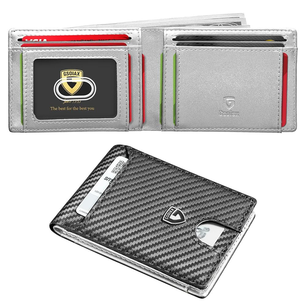 Men's Slim Leather Bifold Wallet - RFID Blocking, 11 Card Slots, ID Window(Carbon Silver) V888-ELOSUNG29024