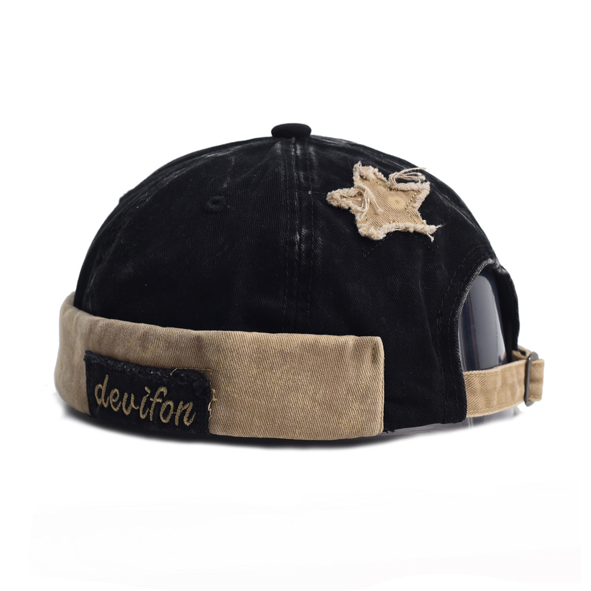 Vintage Washed Cotton Docker Cap - Unisex Brimless Beanie Hat with Star Patch(Black) V888-ELOSUNG29065