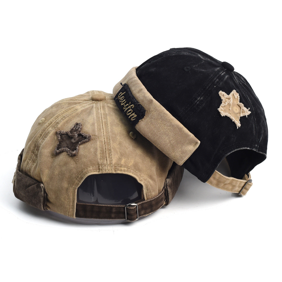 Vintage Washed Cotton Docker Cap - Unisex Brimless Beanie Hat with Star Patch(Black) V888-ELOSUNG29065
