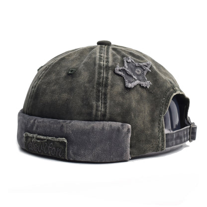Vintage Washed Cotton Docker Cap - Unisex Brimless Beanie Hat with Star Patch(Green) V888-ELOSUNG29066