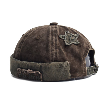 Vintage Washed Cotton Docker Cap - Unisex Brimless Beanie Hat with Star Patch(Coffee) V888-ELOSUNG29069