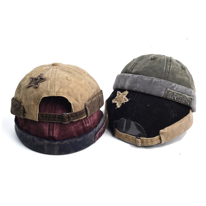 Vintage Washed Cotton Docker Cap - Unisex Brimless Beanie Hat with Star Patch(Coffee) V888-ELOSUNG29069