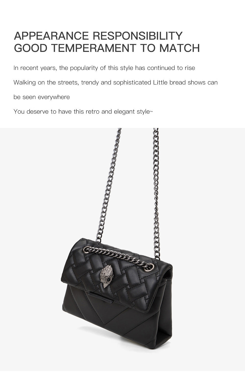 Elegant Quilted Leather Chain Bag with Bird Head Clasp(Black) V888-ELOSUNG29070
