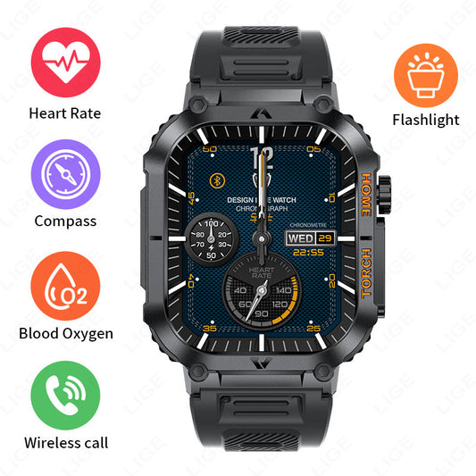 Smartwatch with Flashlight, Compass & Wireless Calling - Health & Fitness Tracker(Black silicone with black V888-ELOSUNG29077