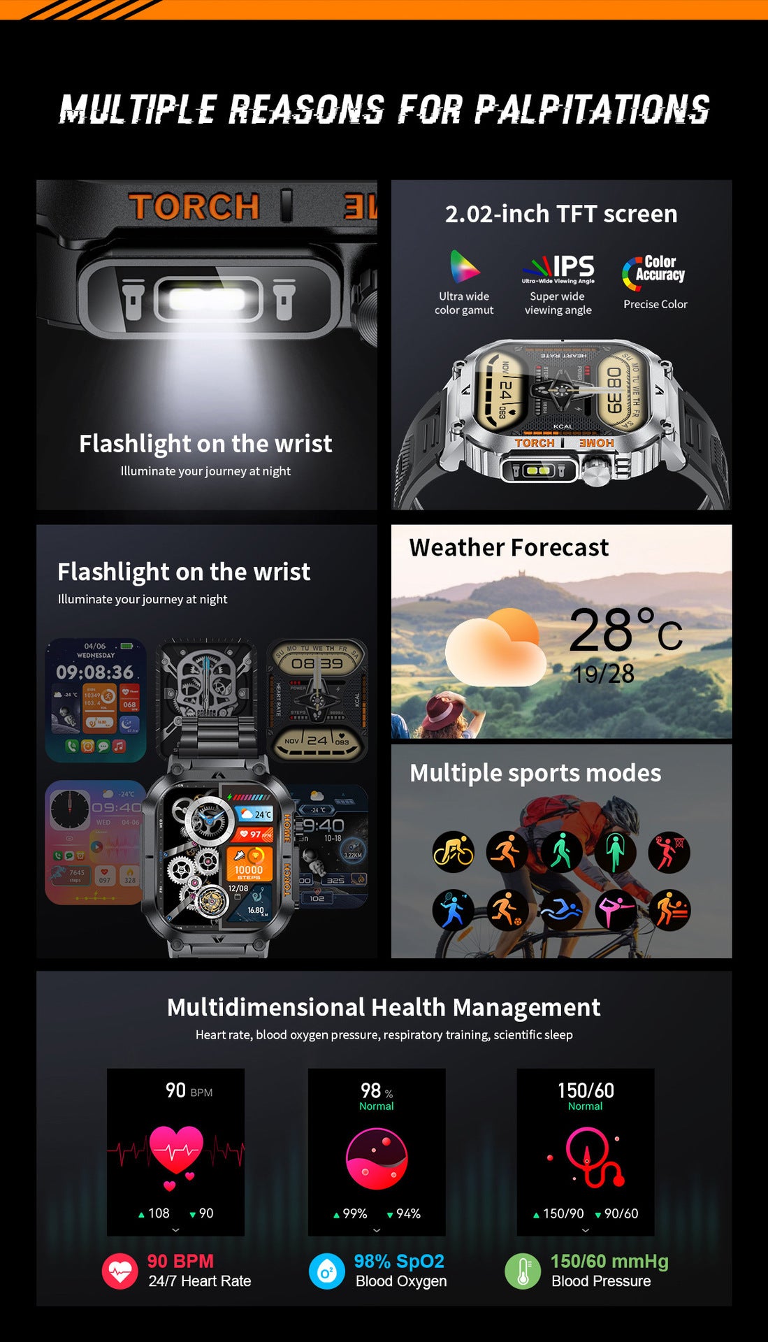 Smartwatch with Flashlight, Compass & Wireless Calling - Health & Fitness Tracker(Black silicone with black V888-ELOSUNG29077