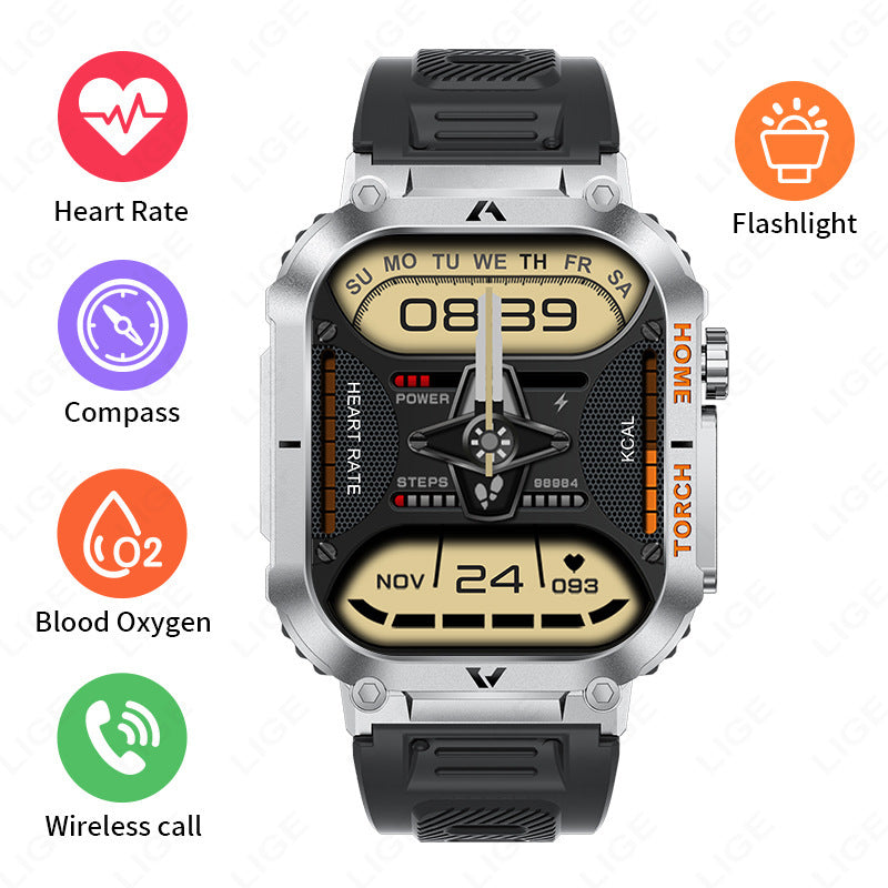 Smartwatch with Flashlight, Compass & Wireless Calling - Health & Fitness Tracker(Black silicone with silver V888-ELOSUNG29078
