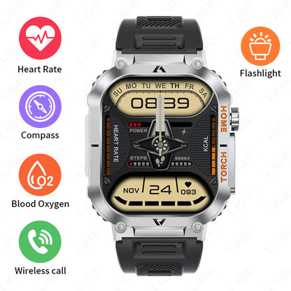 Smartwatch with Flashlight, Compass & Wireless Calling - Health & Fitness Tracker(Black silicone with silver V888-ELOSUNG29078