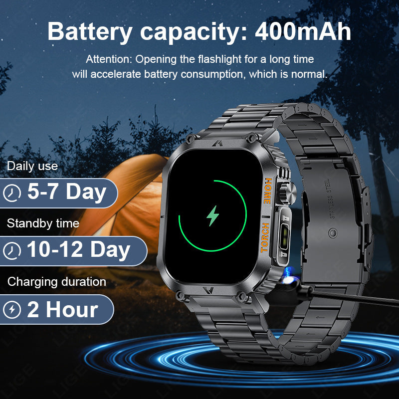 Smartwatch with Flashlight, Compass & Wireless Calling - Health & Fitness Tracker(Black silicone with silver V888-ELOSUNG29078