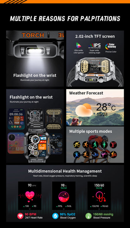Smartwatch with Flashlight, Compass & Wireless Calling - Health & Fitness Tracker(Black silicone with silver V888-ELOSUNG29078