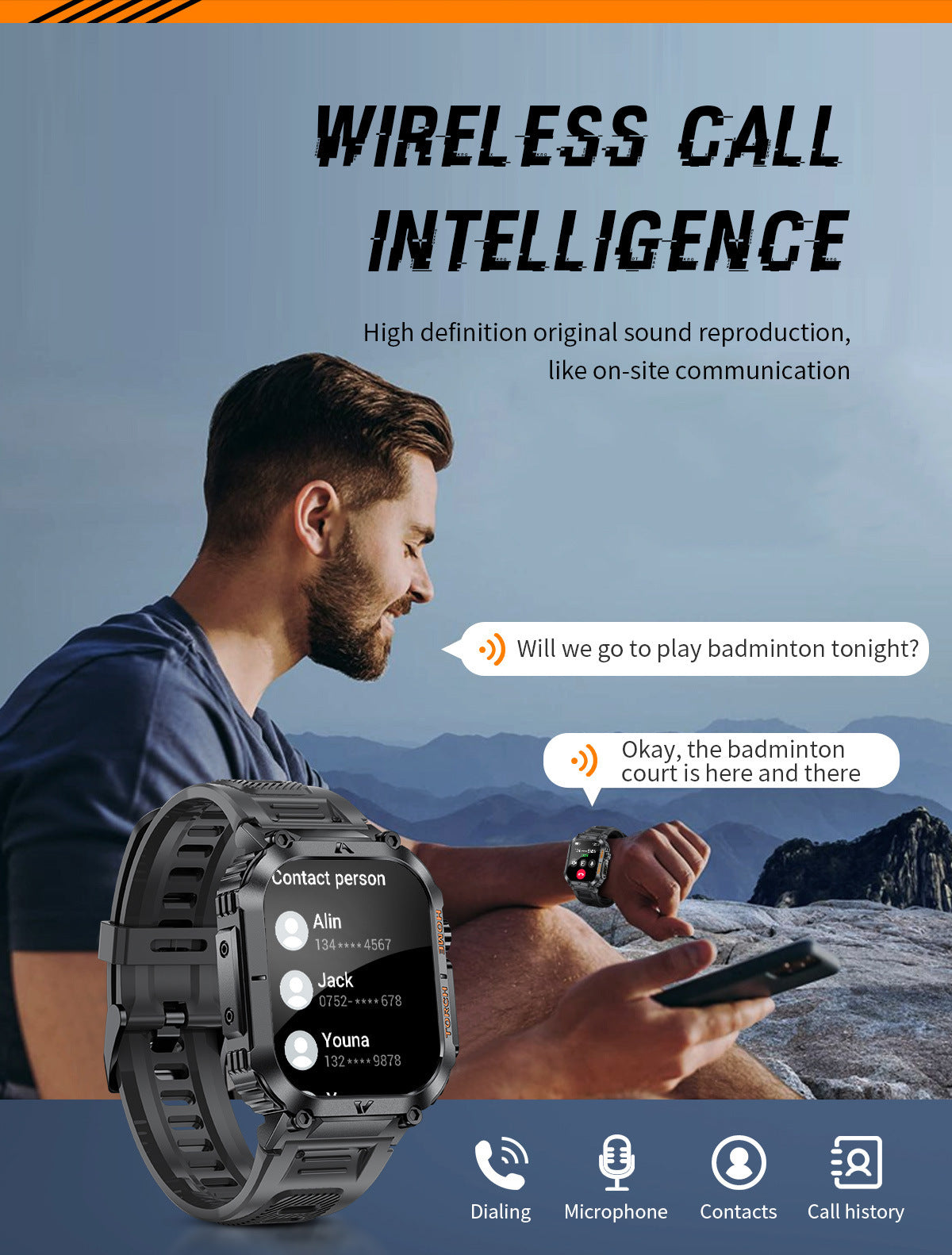 Smartwatch with Flashlight, Compass & Wireless Calling - Health & Fitness Tracker(Black silicone with silver V888-ELOSUNG29078