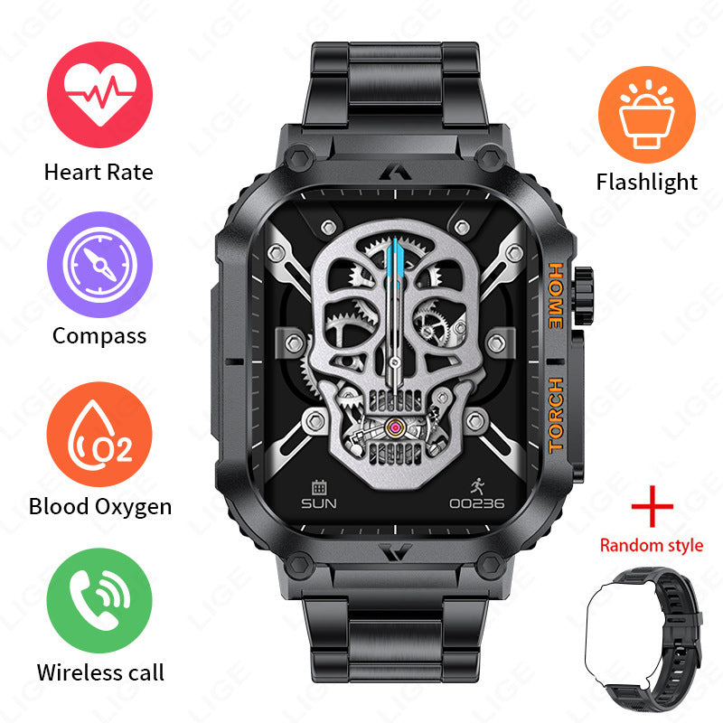 Smartwatch with Flashlight, Compass & Wireless Calling - Health & Fitness Tracker(Black case with black steel V888-ELOSUNG29079