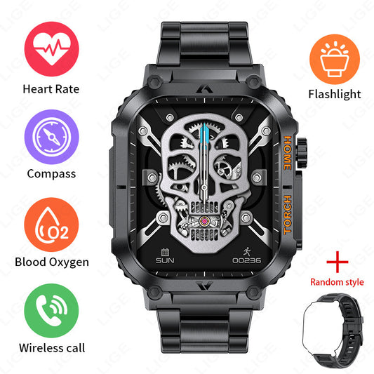 Smartwatch with Flashlight, Compass & Wireless Calling - Health & Fitness Tracker(Black case with black steel V888-ELOSUNG29079