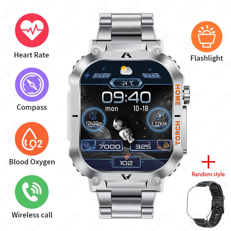Smartwatch with Flashlight, Compass & Wireless Calling - Health & Fitness Tracker(Silver case with silver V888-ELOSUNG29080