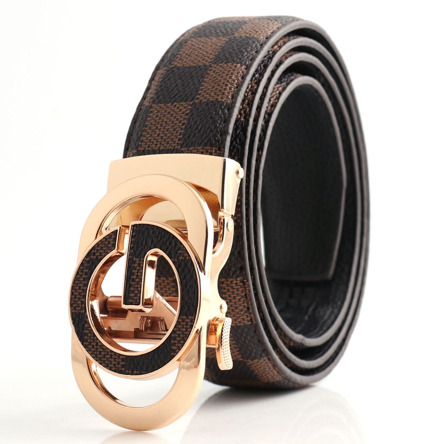Luxury Designer Style PU Leather Belt,Automatic Buckle(G leather coffee ribbon + gold buckle) V888-ELOSUNG29081