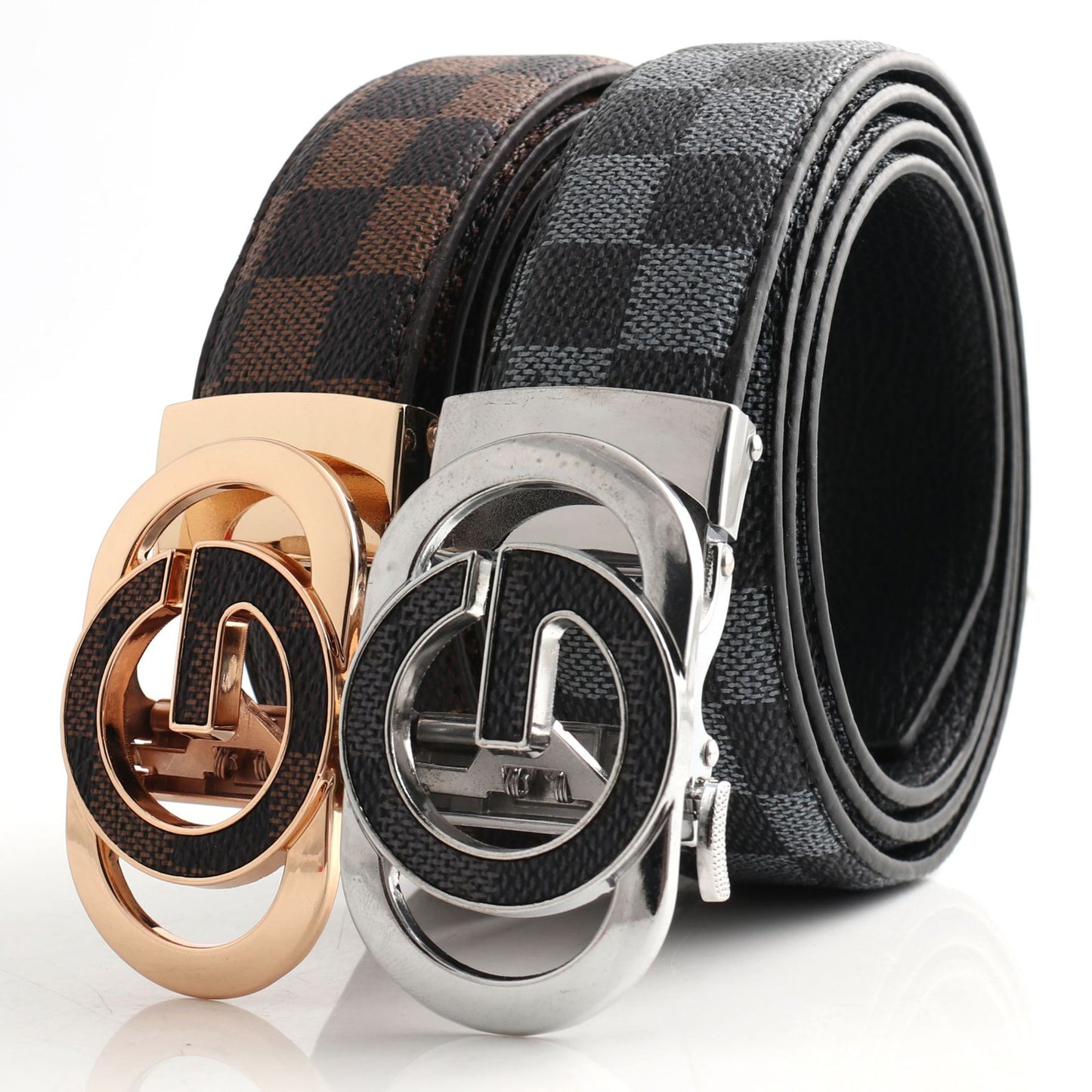 Luxury Designer Style PU Leather Belt,Automatic Buckle(G leather coffee ribbon + gold buckle) V888-ELOSUNG29081