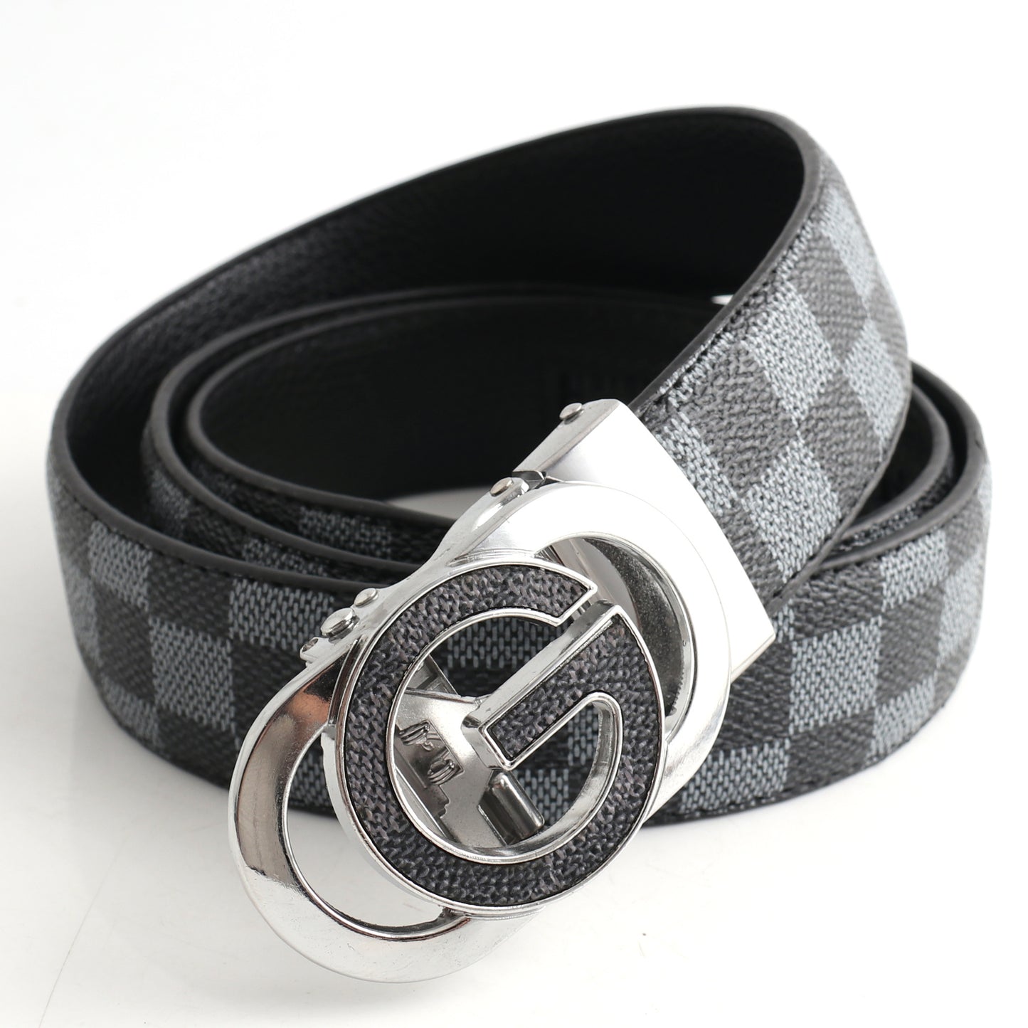 Luxury Designer Style PU Leather Belt,Automatic Buckle(G-patterned black-gray belt + silver buckle) V888-ELOSUNG29082