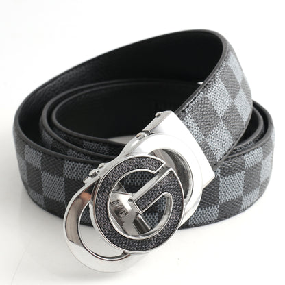 Luxury Designer Style PU Leather Belt,Automatic Buckle(G-patterned black-gray belt + silver buckle) V888-ELOSUNG29082