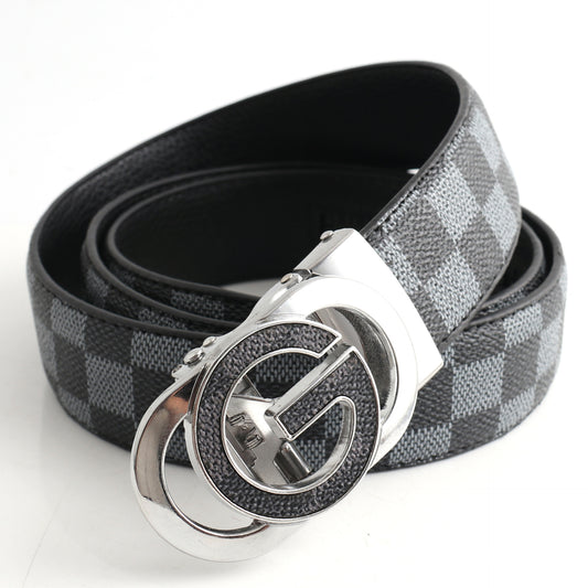 Luxury Designer Style PU Leather Belt,Automatic Buckle(G-patterned black-gray belt + silver buckle) V888-ELOSUNG29082