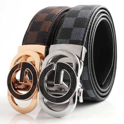 Luxury Designer Style PU Leather Belt,Automatic Buckle(G-patterned black-gray belt + silver buckle) V888-ELOSUNG29082