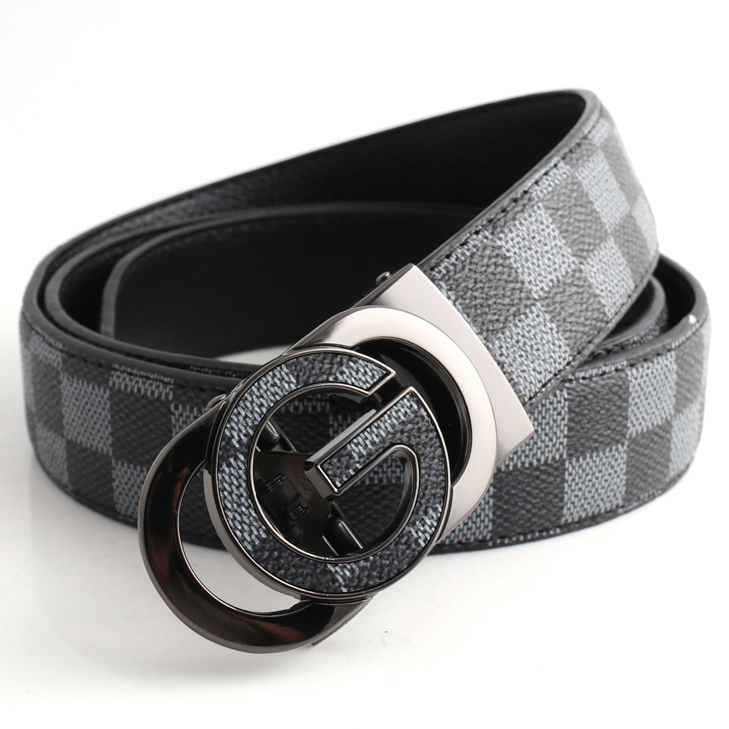 Luxury Designer Style PU Leather Belt,Automatic Buckle(G-patterned black-gray belt + gray buckle) V888-ELOSUNG29083