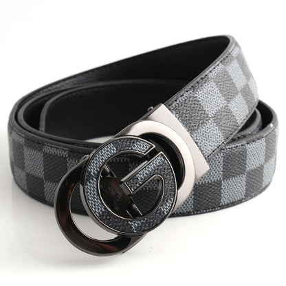 Luxury Designer Style PU Leather Belt,Automatic Buckle(G-patterned black-gray belt + gray buckle) V888-ELOSUNG29083
