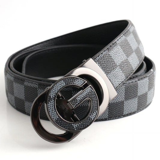 Luxury Designer Style PU Leather Belt,Automatic Buckle(G-patterned black-gray belt + gray buckle) V888-ELOSUNG29083