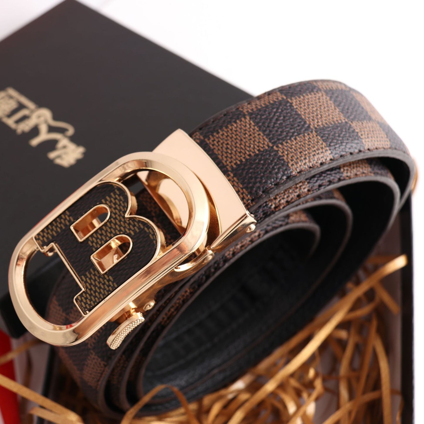 Luxury Designer Style PU Leather Belt,Automatic Buckle(B-patterned coffee-colored belt + gold buckle) V888-ELOSUNG29084